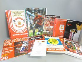 Football memorabilia; a box of Manchester United ephemera including autographed photograph of Carlos