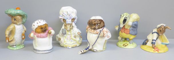 Six figures; five Beatrix Potter by Beswick, Royal Doulton and Enesco and a Sailor Bunnykins
