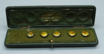 A cased set of silver and enamel buttons by Liberty & Co., in original named box (one button