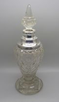 A cut glass scent bottle with silver collar, collar dented, 23.5cm