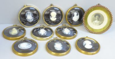 Nine mounted cameos and a gilt brass photograph frame