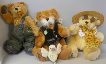 Four Teddy bears; Hermann Alberich, Grandfather bear, Summer Sunshine bear and bird