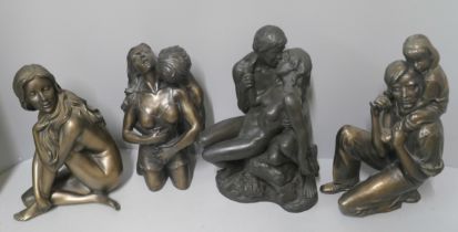 Four resin sculptures, Lovers x2, female nude and father with daughter on shoulders