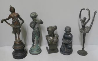 Five bronze metal and resin sculptures
