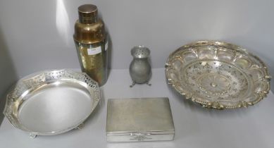 A collection of plated ware including a cocktail shaker, a pierced basket, a pierced dish and a