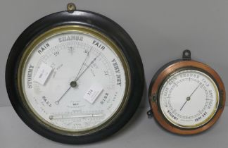 A copper fronted barometer and a wooden barometer