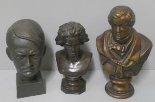 A metal bust of Adolf Hitler, metal bust of Julius Caesar and a resin bus of Beethoven