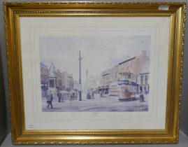 A Nottingham print, Angel Row, and two other pictures