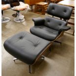 A Charles & Ray Eames style black leather and simulated rosewood revolving lounge chair and ottoman