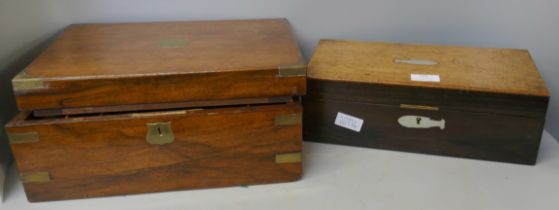 A walnut writing box, a/f and a rosewood box with replacement mahogany top and mother of pearl
