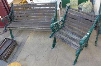 A cast iron ended garden bench and chair