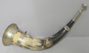 A hunting horn with silver plated mounts, 34cm