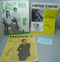 Pop music autographed sheet music by Sonny Bono, Adam Faith, Bobby Goldsboro and a Cher signed