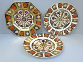 Three Royal Crown Derby 1128 Old Imari pattern plates, wavy edge, octagonal and traditional, all