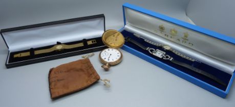 A gold plated Waltham Traveler full-hunter pocket watch and three lady's wristwatches