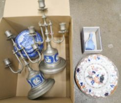 A collection of mixed china including Maling ware, Wedgwood Jasperware vase, boxed and a pair of