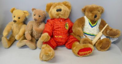 Four Teddy bears; two Bainbridge bears, a Ferrari Scuda bear and a Cricketer Canterbury bear