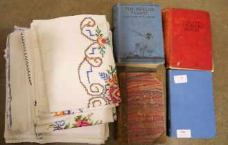 A small collection of needlework, table linen and four books including History of France by Mrs