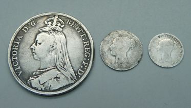 A Victorian crown, 1889, a 6d and a 3d coin