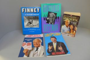 Autographed books; Peter Ustinov, Max Bygraves, Jason Connery, Tom Finney