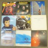 A collection of nine rock LP records, ZZ Top, Yes, Bryan Ferry, EL&P, etc.