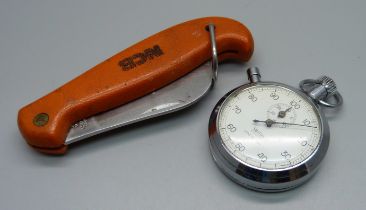A NCB pocket knife and a Smiths stop-watch with NCB 19 marked on the back, (tip of blade a/f)