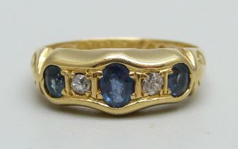 An 18ct gold, sapphire and diamond Art Deco ring, Chester 1922, 3g, N, boxed