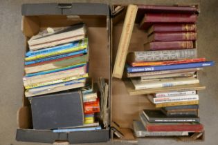 Two boxes of books including annuals, tea card albums, encyclopedias, etc.