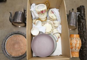 Two silver plated teapots, a Wedgwood Jasperware bowl, a Crown Ducal Charlotte Rhead vase, (a/f