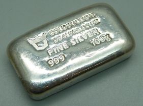A 100g 999 fine silver ingot
