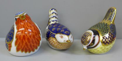 Three Royal Crown Derby bird paperweights with silver stoppers