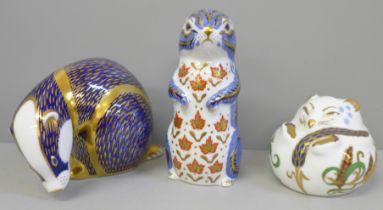 Three Royal Crown Derby paperweights with gold stoppers, Badger, Chipmunk and Dormouse