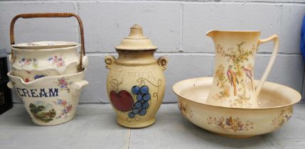 An English ironstone cream bucket and lidded pot, a Crown Ducal wash jug and bowl, bowl a/f and a