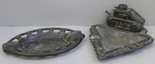 Two French ashtrays with FT17 WWI tank detail