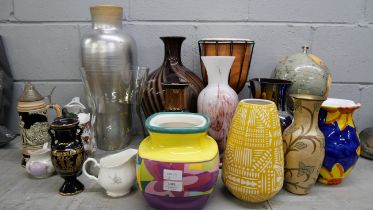 A collection of large vases including glass, a globe, a drum, etc. **PLEASE NOTE THIS LOT IS NOT