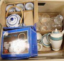 Two boxed German blue and white tea sets, a crystal decanter and six glasses and a Ridgway Conway