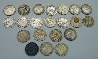 Twenty-one silver 3d coins, 29g