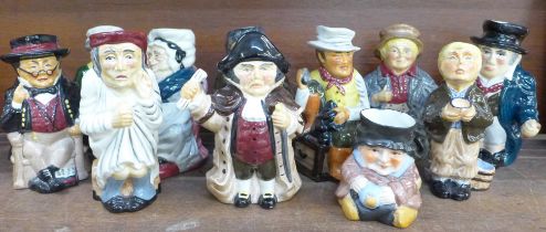 A collection of ten Roy Kirkham Toby jugs, Charles Dickens characters, and one other Leonardo