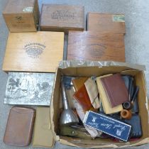 Six cigar boxes and a box of lighters, table lighters, cigar boxes and pipes
