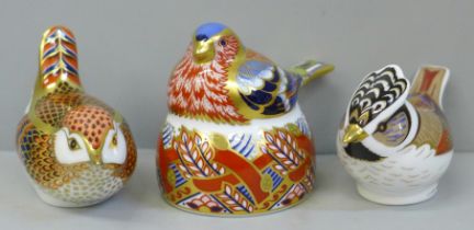 Three Royal Crown Derby bird paperweights, all with gold stoppers, including a Collector's Guild