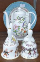 An Aynsley Pembroke coffee pot, four Hammersley porcelain bells and an Aynsley cabinet plate