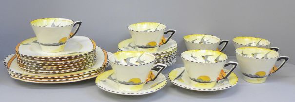 A Burleigh Art Deco part tea set, one tea plate crazed and stained and one cup with chip to rim **