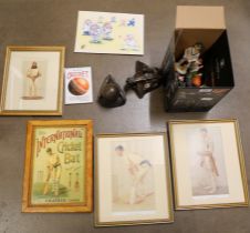 A collection of cricket related items including Robert Harrop figures, Regency Fine Arts, a model of