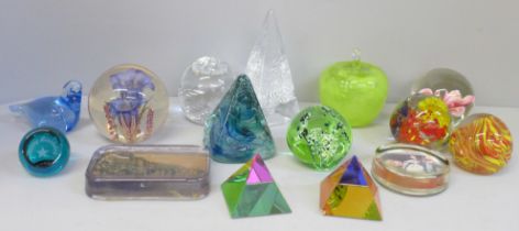 A collection of paperweights including a Caithness Happy Birthday paperweight, a hand made example