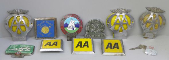 A box of car badges, AA, The Camping Club, The National Trust, etc. (10) AA key and GPO badge