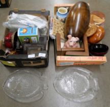 Two boxes of assorted items including a Fortnum and Mason pot, wooden items, two Minton tiles, glass