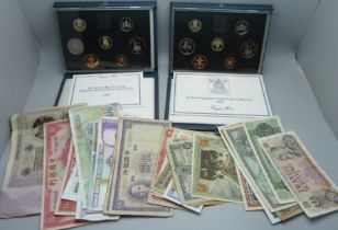 Two Royal Mint proof coin sets and assorted bank notes