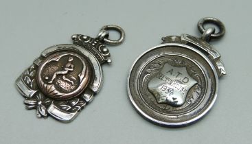 A silver football fob medal, Birmingham 1919, and one other silver fob, 15g