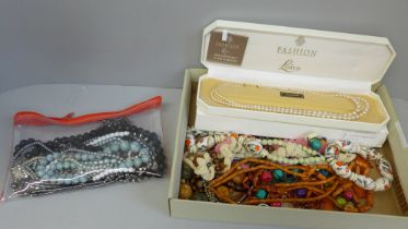 Costume jewellery; assorted beaded necklaces and bracelets, including boxed Lotus simulated pearls