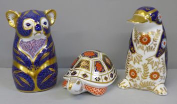 Three Royal Crown Derby paperweights, Koala and Turtle with gold stoppers and duck-billed platypus